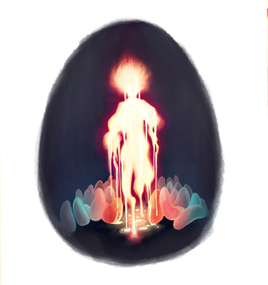 A girl made of fire that looks like she's melting, surrounded by nulls