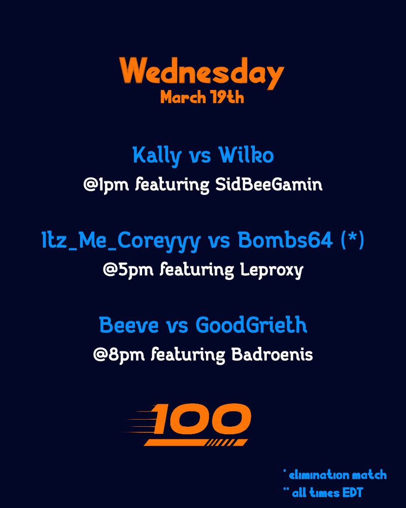 Graphic showing text of the matches mentioned in the original tweet, which are:


* 1pm ET - @kally.bsky.social vs Wilko (w/ @sidbeegamin.bsky.social !)
* 5pm - @coreyyy.bsky.social vs @bombs64.bsky.social (w/ @lep-roxy.bsky.social !)
* 8pm - @itsbeeve.bsky.social vs GoodGrieth (w/ @badroenis.bsky.social !)