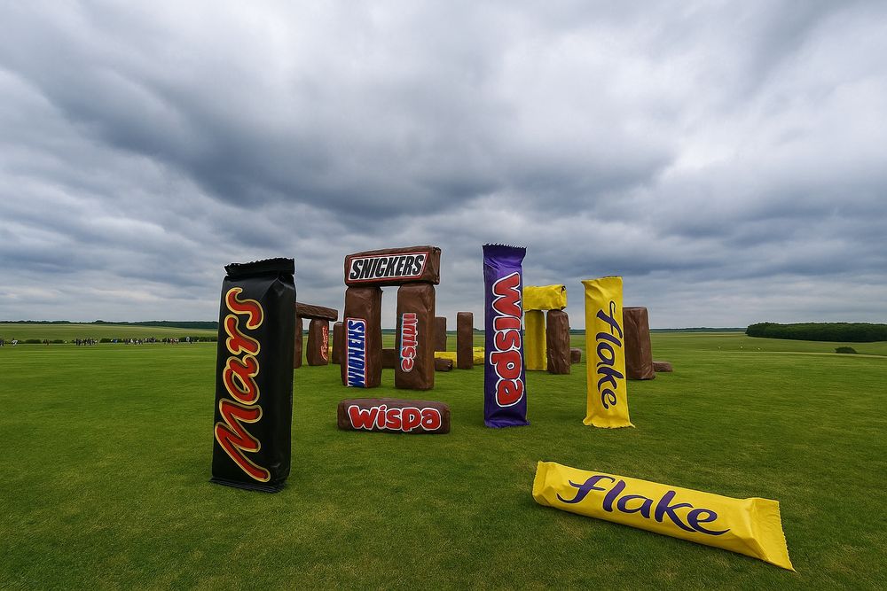 Stonehenge made up of different chocolate bars including mars flake, wispa and snickers 