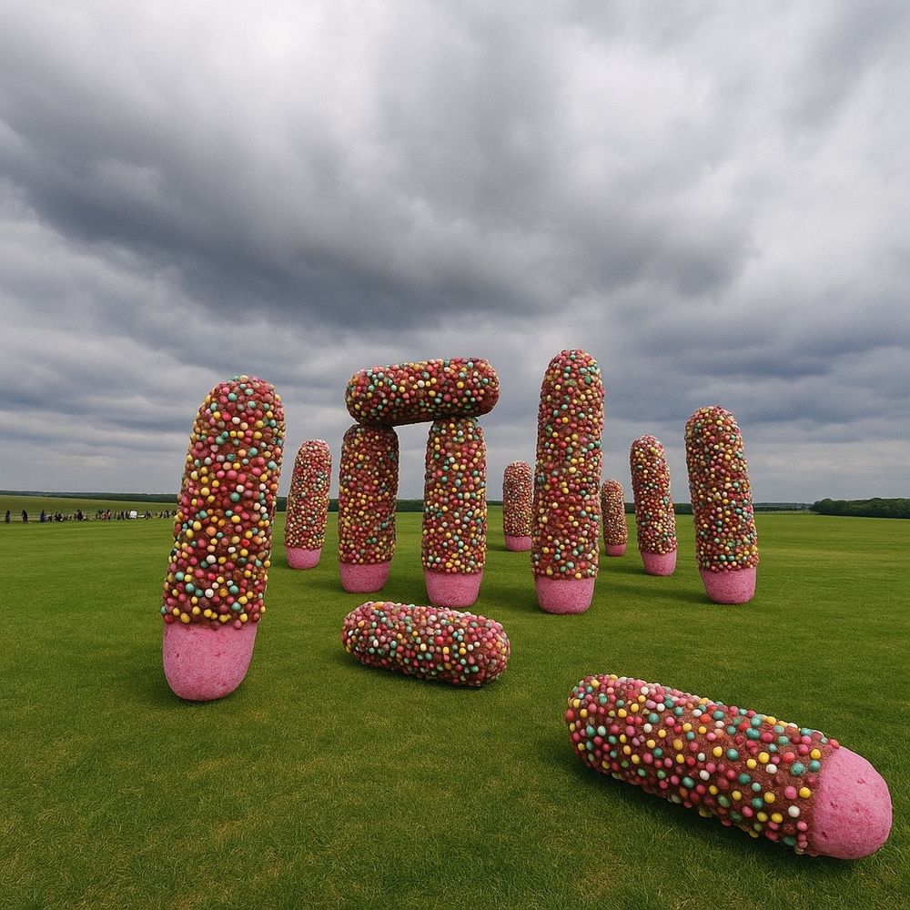 Stonehenge with Nobbly Bobbly ice creams in place of the henge. There are no sticks and some of the ice cream is exposed.