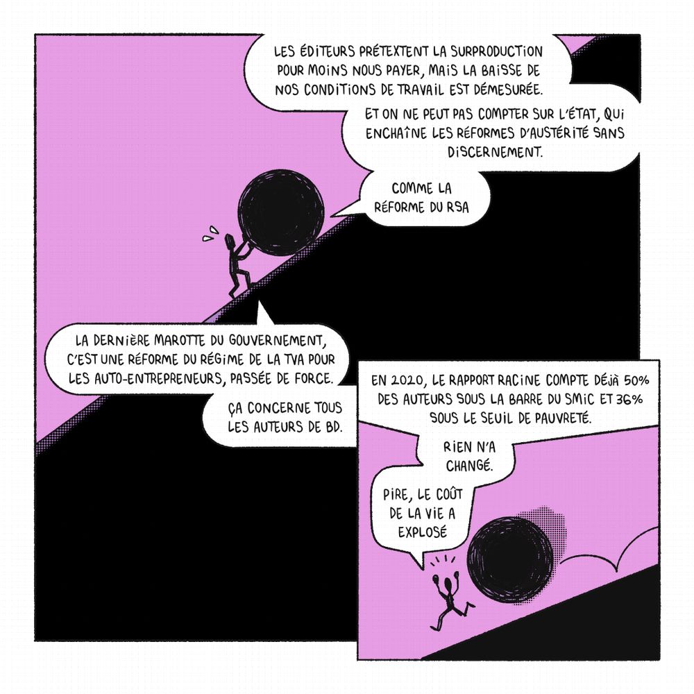 Les éditeurs prétextent la surproduction pour moins nous payer, mais la baisse de nos conditions de travail est démesurée. Et on ne peut pas compter sur l'état qui enchaîne les mesures d'austérité sans discernement, comme les réformes du RSA et du régime de TVA. En 2020, le rapport Racine compte déjà 50% des auteurs sous la barre du SMIC et 36% sous le seuil de pauvreté. Rien n'a changé, pire, le coût de la vie a explosé.