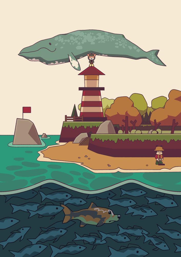 Un tout petit chat juché en haut d’un phare tient a bout de bras une gigantesque baleine.