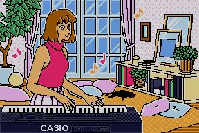 CD graphics image from the intro: A woman is playing a Casio keyboard and smiling, music notes fill the air. There's a black cat lying on the floor in the background.