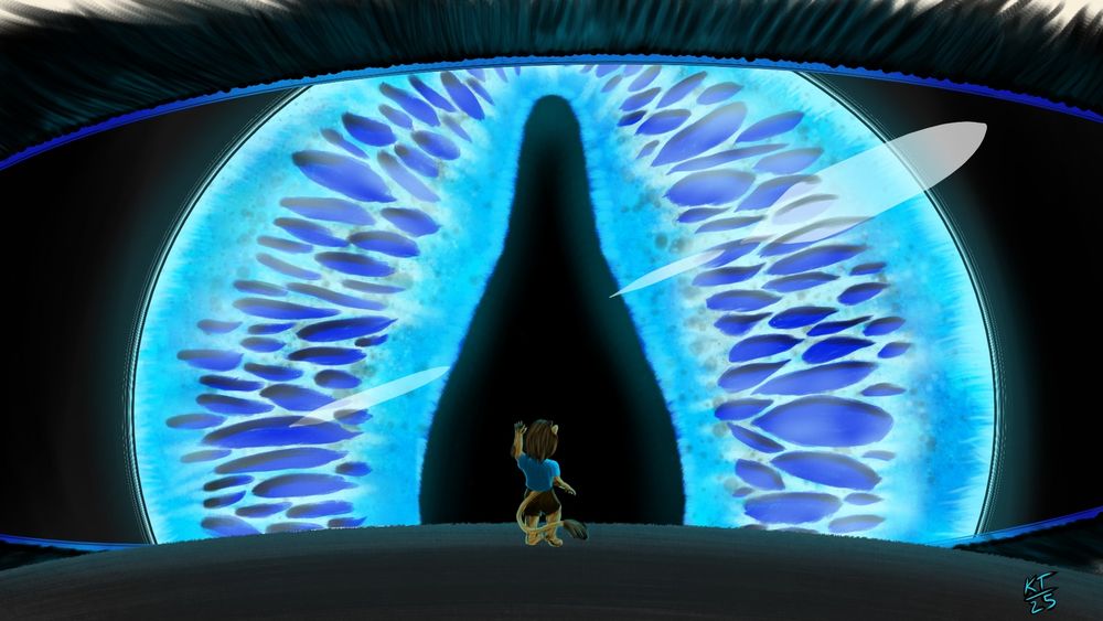 Todd the micro lion standing with his back turned to the viewer, waving at the massive glowing blue eye of KT the deer god. The eye, taking up the vast majority of the screen, is focused and in detail on the micro lion, showcasing a vertical slit pupil.