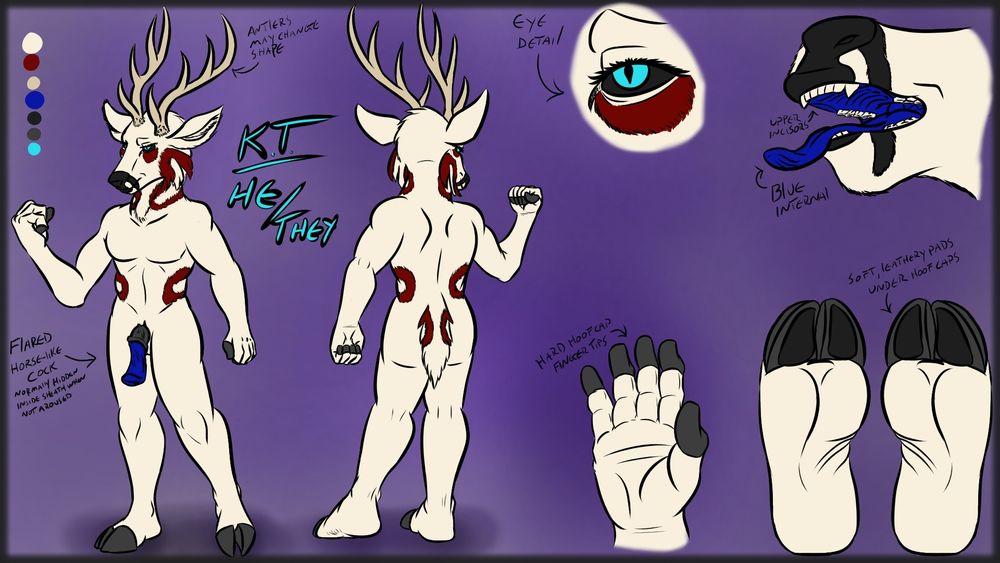 Reference of KT (He/They) the leucistic deer. Showcasing front and back views, with a flacid horse-like cock out of it's sheath. On the right half of the canvas is eye detail, mouth detail, hand detail, and the underside of their plantigrade hooves. Set to a lighter purple background.