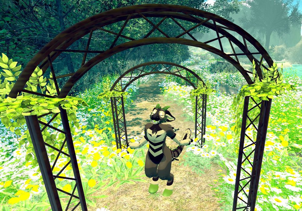 screenshot from VRChat of Dutch Angel Dragon avatar in a garden