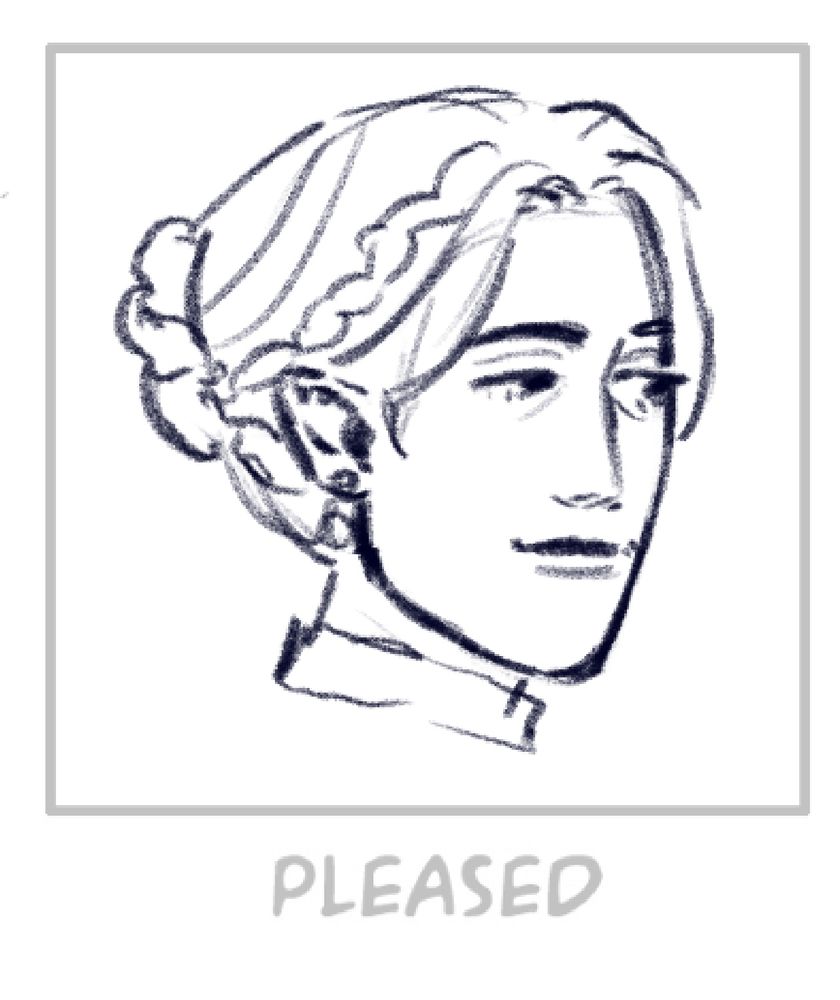 A drawing of Sasha from one of those expression challenge sheets. This expression is labeled ‘pleased’. 