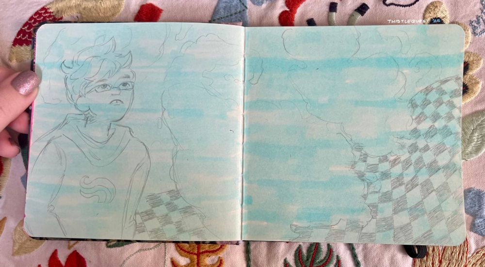 Sketch of John Egbert from Homestuck from my sketchbook. Behind the illustration you can see the surface that my sketchbook is laying on and my hand holding one side of the sketchbook so that it lays flat. John is on a planet that I can’t remember the name of (sorry) but it’s filled with clouds and checkerboard patterned hills. The clouds are big and fluffy and curled like how they are in the Homestuck comic. John is looking so very 13 years old here and is starting up at his surroundings with a look of awe on his face.