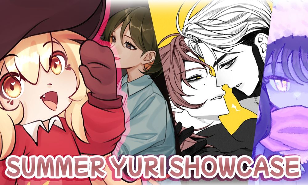 Oomfie next to three of the games that will be showcased in the Yuri Kissaten Espresso with the text "SUMMER YURI SHOWCASE" the games featured next to her are Distant Oceanic Getaway, Eclipse : Special Forces, and This Winter of Ours