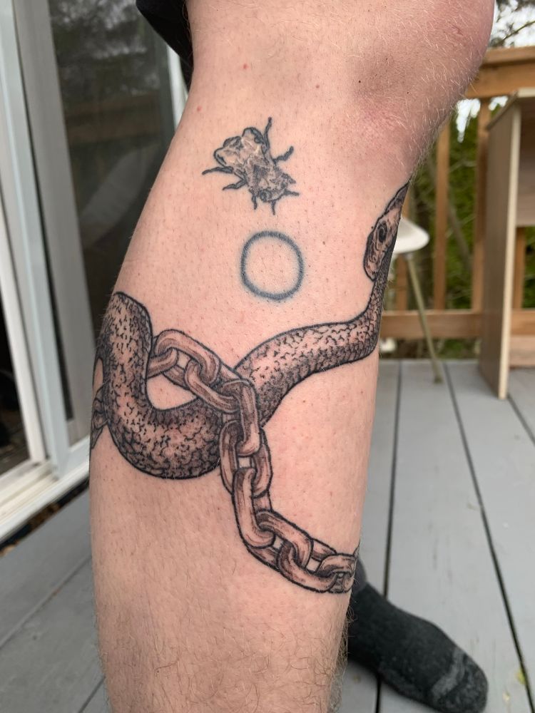 illustrative tattoo on shin of a snake biting its tail and a chunky chain broken at the ends, tattoo wraps all around the leg. Angle shows the chain looping around and over the snake body