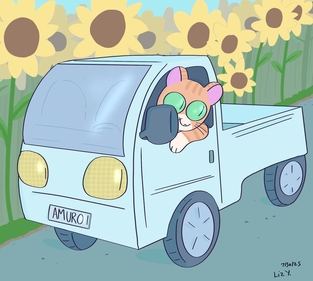 An orange cat driving a kei truck by a sunflower field