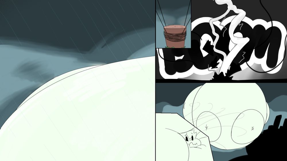 A comic of Keilue, bloated to a huge blimp. She's tied down to a stake, but a rainstorm comes through. A strike of lightning destroys the stake as she floats away toward a city.