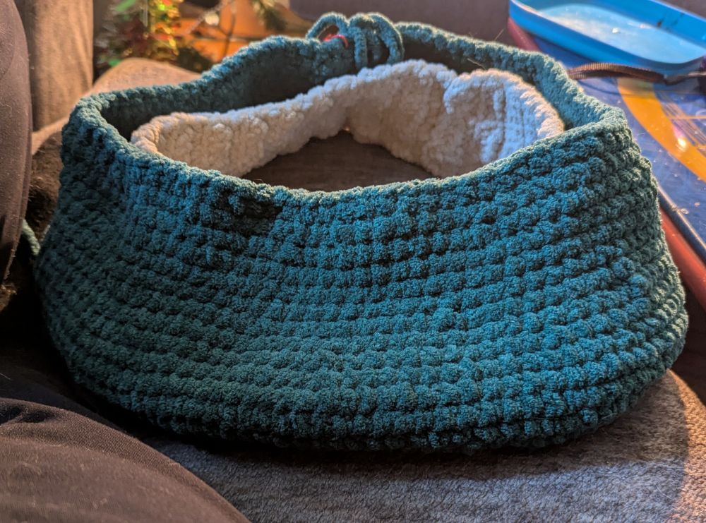 Picture of the unfinished crochet mushroom cap from the side view. 