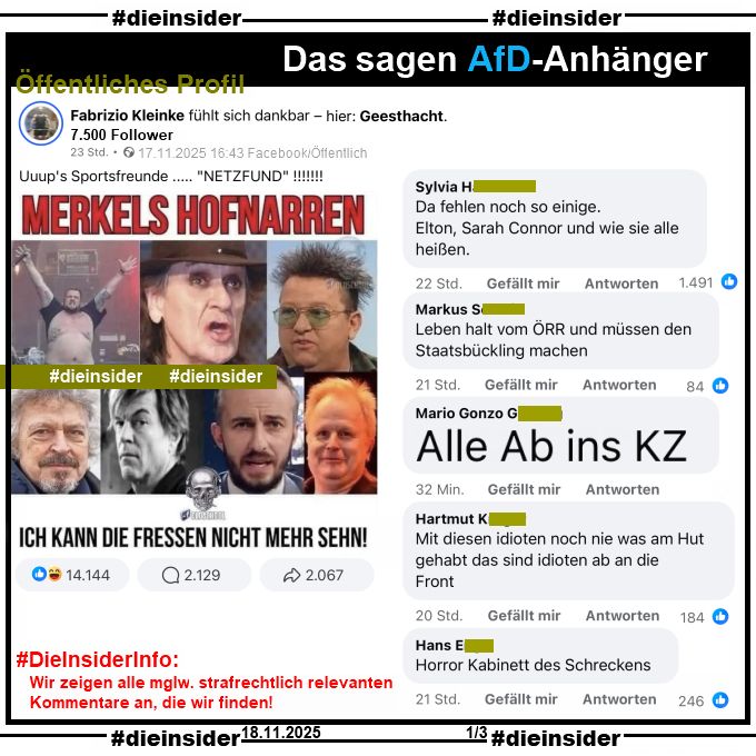 Fabrizio Kleinke postet auf seinem öffentlichen Profil mit 7.500 Follower "Uuup's Sportsfreunde ..... "NETZFUND"!!!!!!!" und teilt dazu ein Bild mit Jan „Monchi“ Gorkow von Feine Sahne Fischfilet, Udo Lindenberg, Sebastian Krumbiegel von Die Prinzen, Wolfgang Niedecken von BAP, Campino von Die Toten Hosen, Jan Böhmermann und Herbert Grönemeyer. Dazu steht auf dem Sharepic "Merkels Hofnarren: Ich kann die Fressen nicht mehr sehn!"

Der Beitrag wurde über 14.000 Mal geliket und 2.000 Mal geteilt. Von den über 2.100 Kommentaren zeigen wir u.a. 
"Da fehlen noch so einige. Elton, Sarah Connor und wie sie alle heißen.", "Leben halt vom ÖRR und müssen den Staatsbückling machen.", Alle ab ins KZ.", "Mit diesen idioten noch nie was am Hut gehabt das sind idioten ab an die Front." und Horror Kabinett des Schreckens."

#DieInsiderInfo: Wir zeigen immer die möglicherweise strafrechtlich relevanten Kommentare an!
