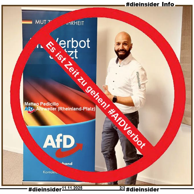 Hier zeigen wir mit "Es ist Zeit zu gehen! AfD Verbot." das Profilbild von Matteo Pedicillo von der AfD Ahrweiler in Rheinland-Pfalz.
