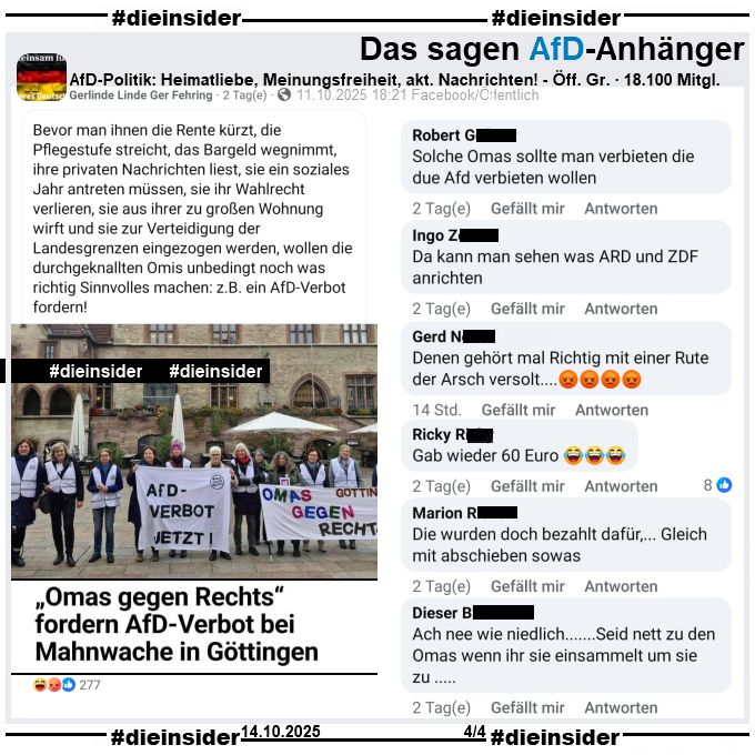 In der über 18.000 Mitglieder großen öffentlichen Gruppe "AfD-Politik: Heimatliebe, Meinungsfreiheit, aktuelle Nachrichten!" wird das Bild des HNA Berichts "„Omas gegen Rechts“ fordern AfD-Verbot bei Mahnwache in Göttingen" vom 08.10. am 11.10.2025 gepostet und dazu "Bevor man ihnen die Rente kürzt, die Pflegestufe streicht, (...) , wollen die durchgeknallten Omis unbedingt noch was richtig Sinnvolles machen: z.B. ein AfD-Verbot fordern!" geteilt.

Wir zeigen auf Slide 4 u.a. die Kommentare "Solche Omas sollte man verbieten die due Afd verbieten wollen.", "Da kann man sehen was ARD und ZDF anrichten.", "Denen gehört mal Richtig mit einer Rute der Arsch versolt... 😡😡😡😡", "Gab wieder 60 Euro. 😂😂😂", "Die wurden doch bezahlt dafür,... Gleich mit abschieben sowas." und "Ach nee wie niedlich... Seid nett zu den Omas wenn ihr sie einsammelt um sie zu..."

Die möglicherweise strafrechtlich relevanten Kommentare wurden schon angezeigt!
