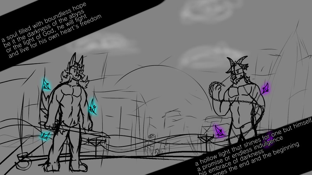 Fighting game mockup with a few quotes, José snd Nameless standing stopna rooftop, a city in the backgorund

José: "A soul filled with boundless hope. Be it the darkness of the abyss or the light of god, he will fight and live for his own heart's freedom."

Nameless: "A hollow light that shines for no one but himself. A promise of endless indulgence, his embrace of darkness welcomes the end and the beginning."