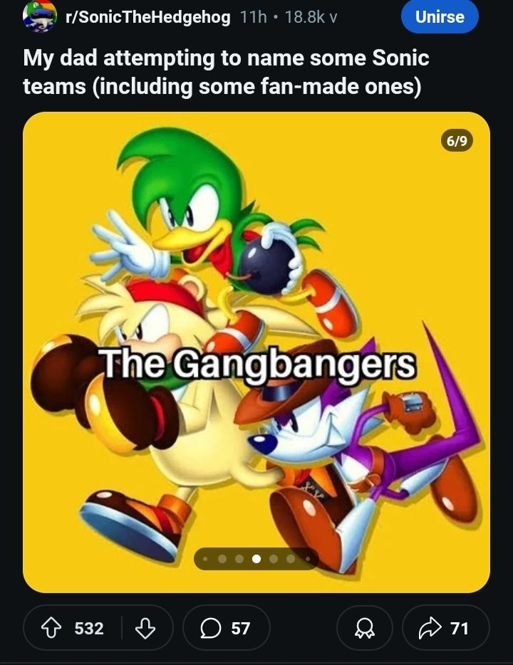 "my dad atrempting to name some Sonic teams (including some fan-made ones)"

Picture of the Hooligans named The Gangbangers
