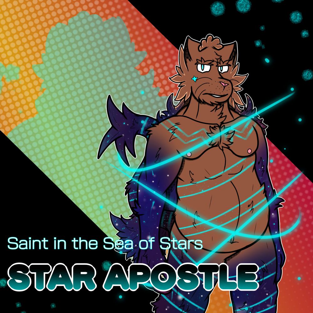 Star Apostle. He/They. An Anthro brown cat with star powers, the tips of their face fur a cfesm color. Their limbs are colored after the universe, stars and comets reflected within. Cyan patterns adorn their body