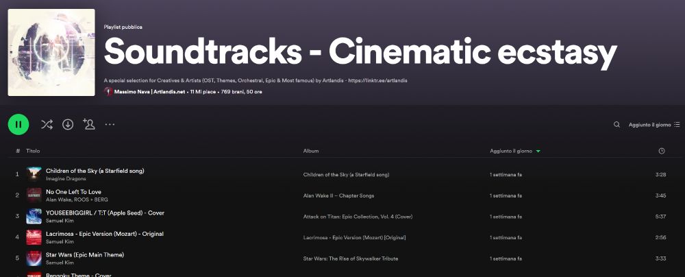 🎶Due playlist ti aspettano su #Spotify, con una raccolta più "action" ed una più "soft" per momenti creativi diversi.
Sempre aggiornate, compagne fidate dei miei momenti creativi.

Soundtracks - Cinematic ecstasy
https://open.spotify.com/playlist/63n0IG683wyOafCYGZQLd8?si=3efbf62bd4d142ab