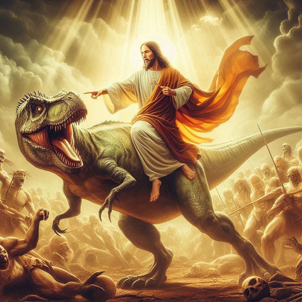 Jesus Christ riding, dare I say censuring, a Tyrannosaurus Rex.