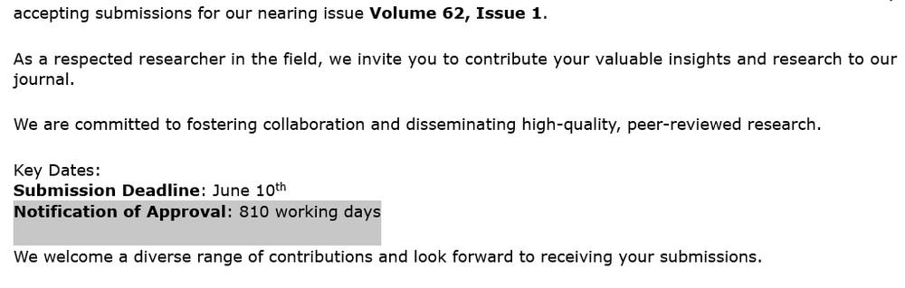 screenshot of a spam mail from a predatory journal inviting to submit with a notification of approval time of 810 working days!