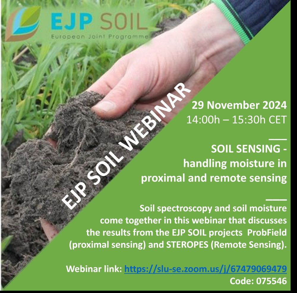 Poster for the EJP Soil webinar with  a hand breaking up a piece of soil and informations about the event
29.11.2024 
14:00-15:30 CET
Zoom link
https://slu-se.zoom.us/j/67479069479
code 075546