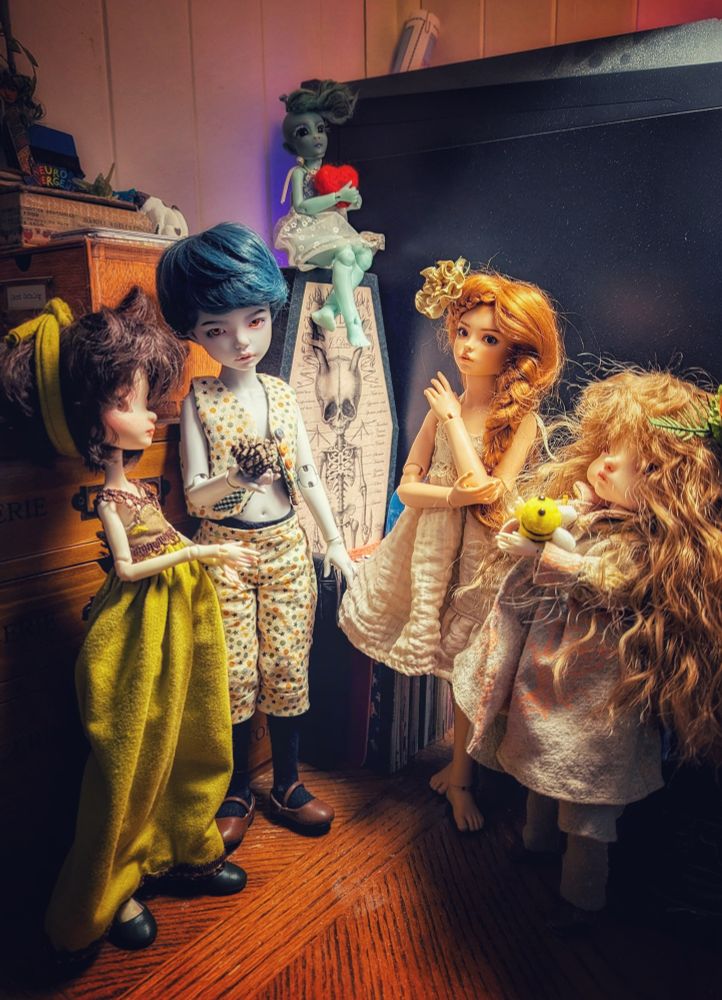 From left to right: Vee the Doll Chateau Fay, Deon the Iplehouse KID, Ethyl the TeenyTinkers Nyx, Nyssa the RaccoonDoll Girl and Jayne the PanDolla Box Milu. They're standing in a semi circle, looking like they're having a pleasant conversation.