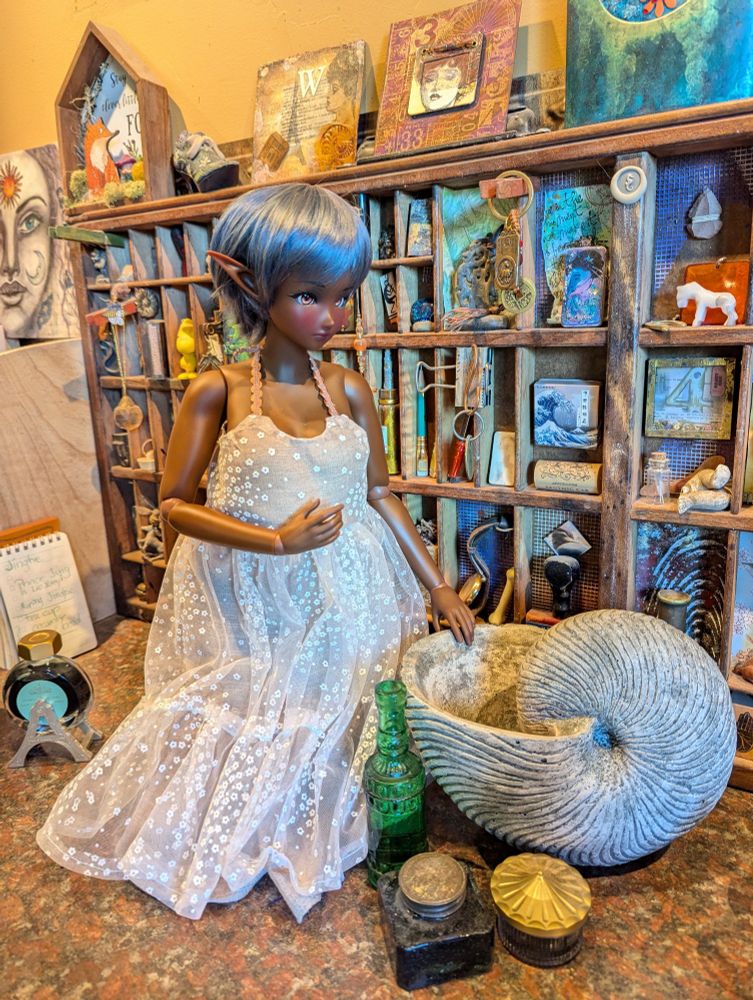 Beatrix the Cocoa Smart Doll kneels in front of a concrete planter in the shape of a nautilus. Behind her are shelves filled with various collectibles and small art.