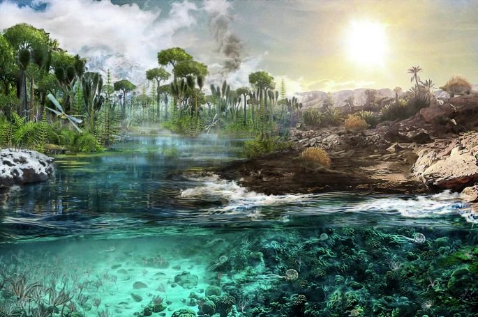 Palaeo-artistic rendering based on findings of this study and previously published literature. A relatively rapid rise in atmospheric CO2 approximately 294 Ma released the Earth from its penultimate icehouse (left) and transitioned the world to a warmer and drier climate of the Early Permian (right). 