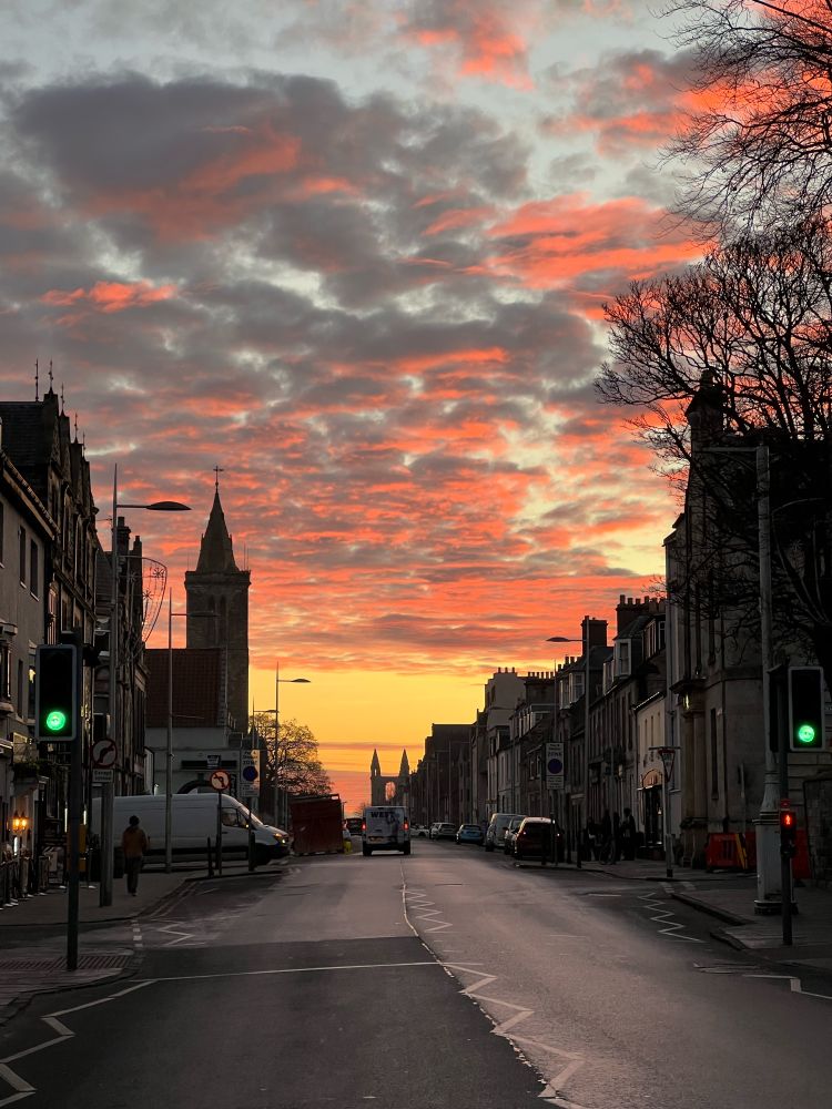A pretty sunrise with the spires of St Andrews visible in the background 