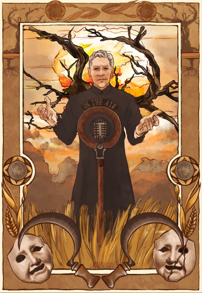 digital art poster showing brother justin crowe from carnivale standing in front of a microphone. in the background there's a dead tree and an atomic bomb explosion. the frame has motifs of masks, scithes, coins and corns