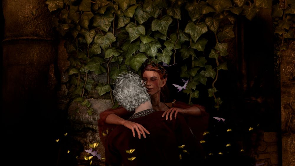 a screenshot of baldur's gate 3 with moody desaturated lighting. astarion is leaning over awbonee and pressing her against an ivy covered wall with his back to the camera. she is smiling with her eyes closed and looks halfway through wrapping her arms around him. there are bees and moths flying around them