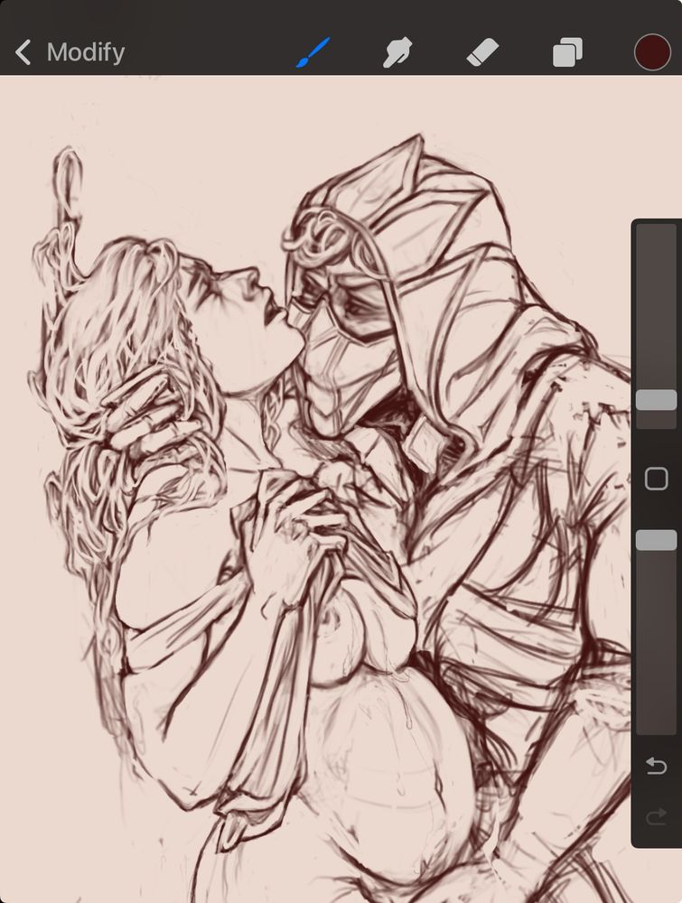 procreate screenshot of a rough lineart sketch, astarion is masturbating a pregnant awbonee while holding her head. her hair is wet and she's wearing a thin shift that she's pulling up, he's fully dressed and wearing a hood, a mask and gloves