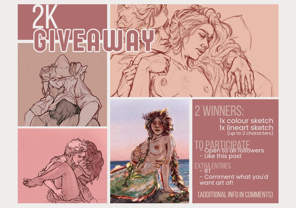 collage of several sketches. text reads:

"2k giveaway.

2 winners:
1x colour sketch
1x lineart sketch
(up to 2 characters).

to participate:
- open to all followers
- like this post

extra entries: 
- RT
- comment what you'd want art of!

(additional info in comments)