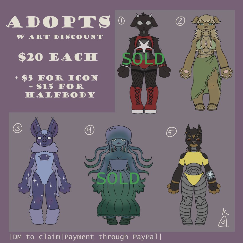 Five furry/ athro characters for sale. First is a black, white and red
