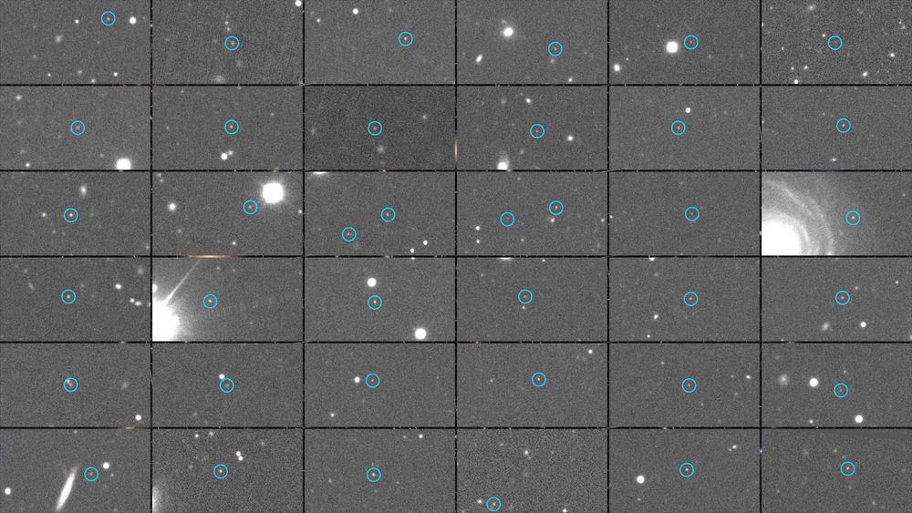A six by six grid of grayscale panels with smudges or dots of white showing galaxies or stars. In each panel, a small dot is circled with a teal circle.
