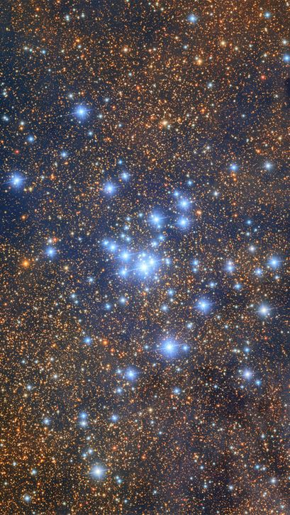 Dense cluster of bright blue stars shining like beacons against wispy nebula cloud of orange and blue. The background is filled with countless smaller stars.