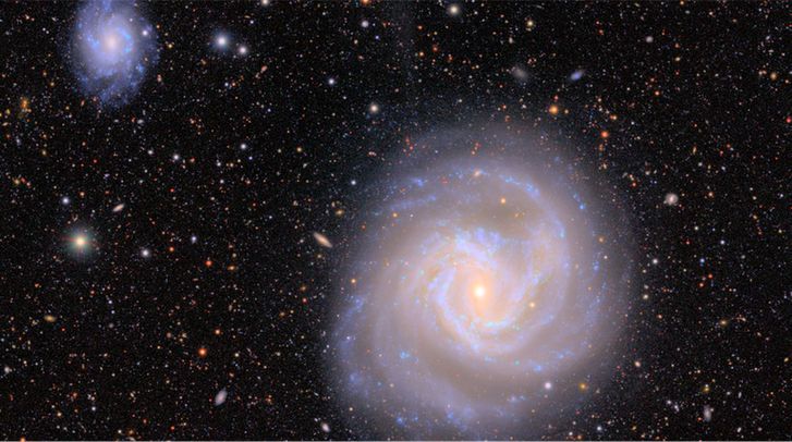 A large spiral galaxy with golden core and arms knotted with the blue clumps of stars forming sits against a background of velvet black peppered with galaxies of various shapes, sizes, and colors.