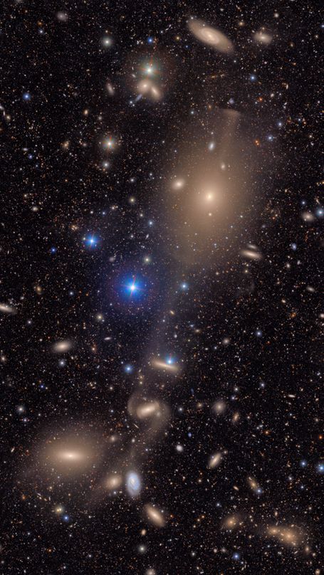 A field of galaxies scattered across the black of space. It is filled with galaxies of many shapes, sizes and colors, as well as the bright multi-colored points of stars. The image focuses on a collection of interacting galaxies connected by delicate streams of stars. Like spider silk, these stellar bridges link the large elliptical to the few larger galaxies beneath.