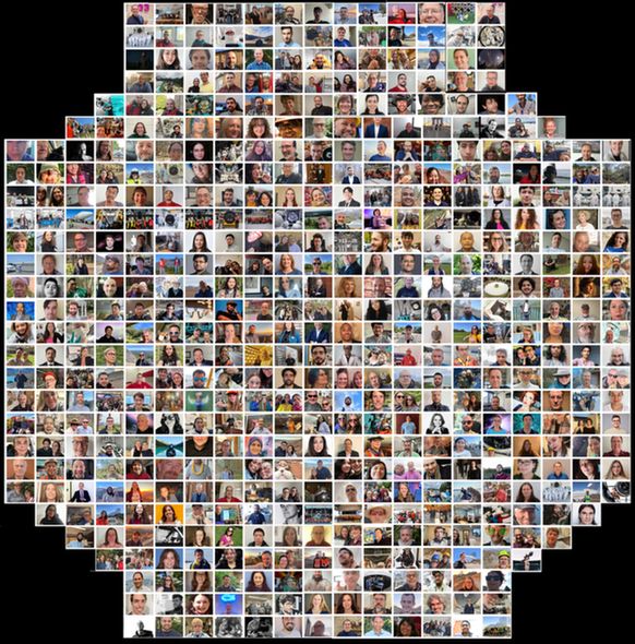 A giant collage of selfies shaped in the roughly-plus-shape of LSST Camera's focal plane