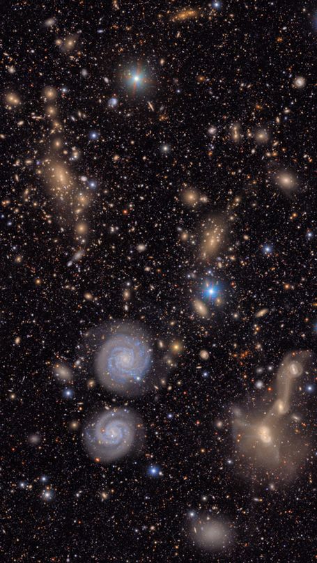 A field of galaxies scattered across the deep black of space. It is filled with galaxies of many shapes, sizes and colors, as well as the multi-colored points of stars. To the lower left is a region filled with the hundreds of golden glittering gems of a distant galaxy cluster. In the foreground, below and left of center, two blue spiral galaxies look like eyes to the left of the entangled mass of a triple merger. A few bright blue points of foreground stars pierce the glittering tapestry. 