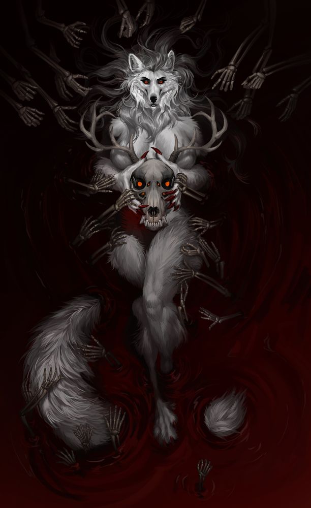 Wolf queen Vyrna laying in the red bath, while skeleton hands of her fallen servants reach to her from under water, helping her take a bath