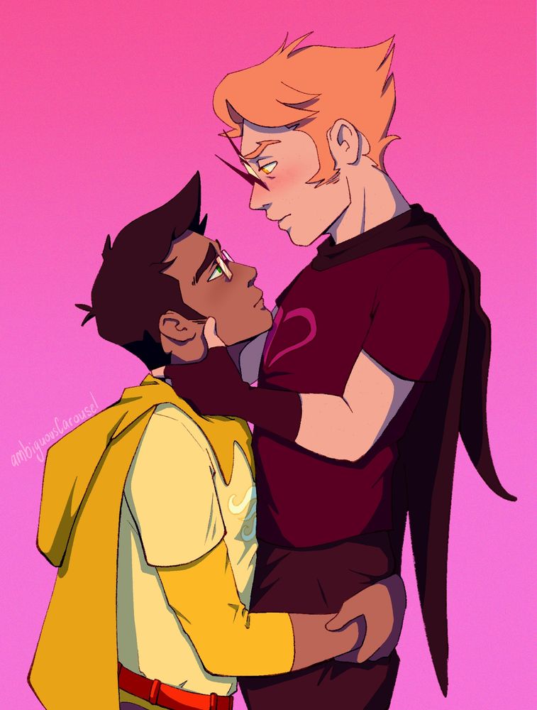 on a hot pink background wearing their godtier outfits Dirk is holding Jake's face as Jake is hugging his middle and they look longingly, deeply into each other's eyes.