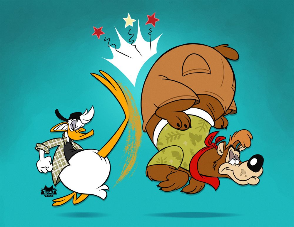 a white and yellow cartoon duck wearing a plaid overshirt, black shirt and hat, cartoonishly kicking a big brown bear with a derpy face 