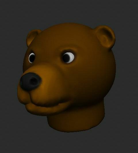 A render image showing a brown bear head finished and rendered in a mobile engine.