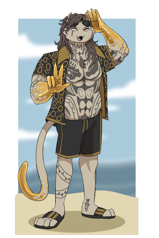 A version of Meowdas from Fortnite where he is beach themed, inspired from the Midsummer Midas skin and combined with Purradise Meowscles