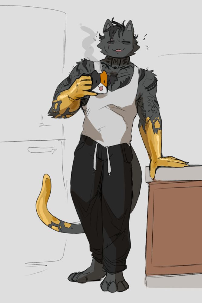 Meowdas looking bedraggled with a bedhead and holding a Meowscles coffee mug. He is tired and enjoying it. 