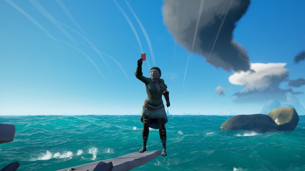 Sea of Thieves. Liberty is standing at the edge of a plank showing the red card to someone not in the picture.