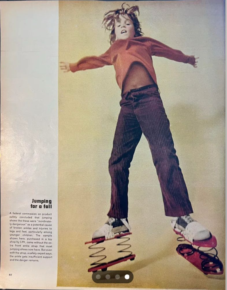 Photograph from Life magazine (1971) showing spring-loaded jumping shoes sold to children as toys